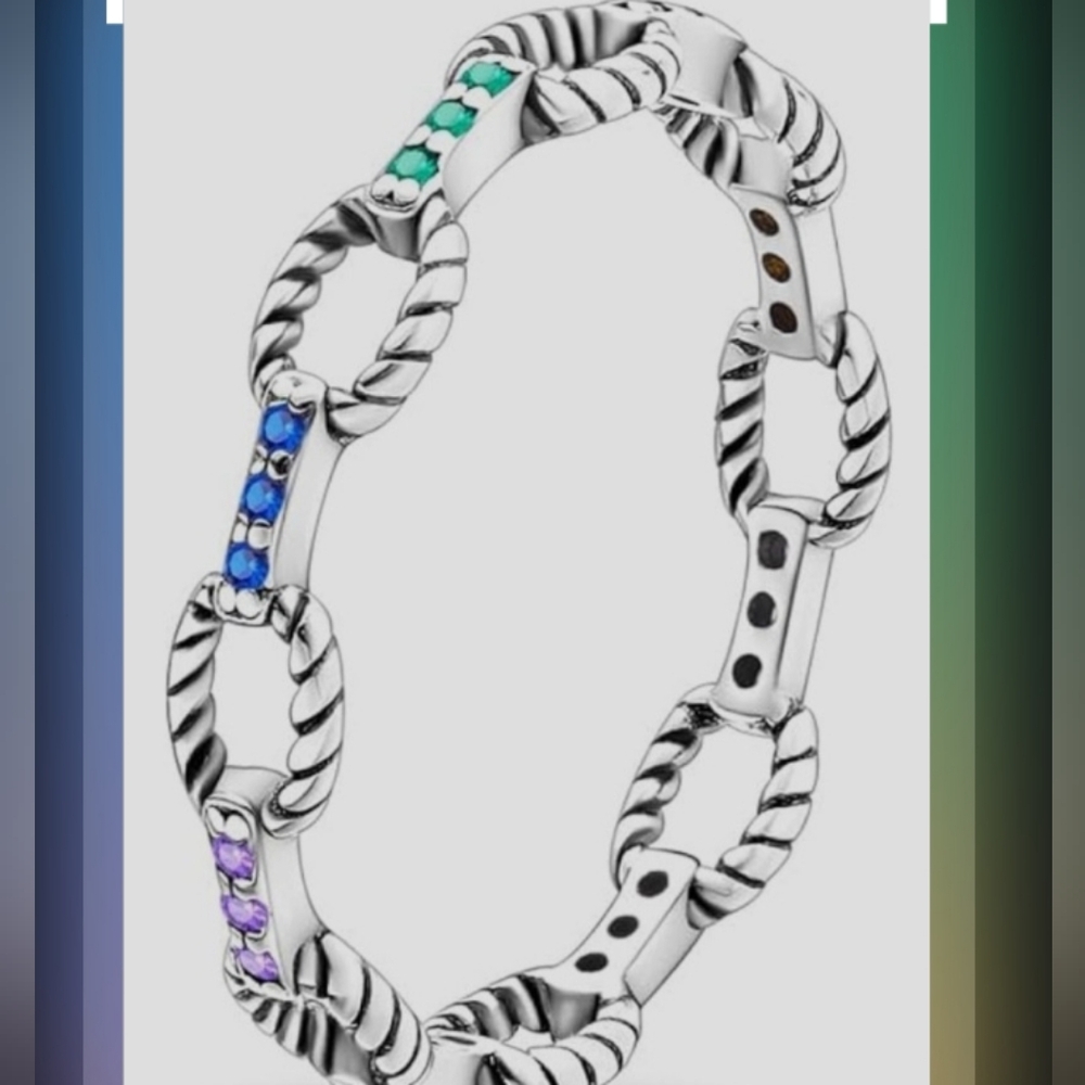 Twisted Link Sterling Silver Ring w/ Blue, Green & Purple Gem Accents Size 8 NWT